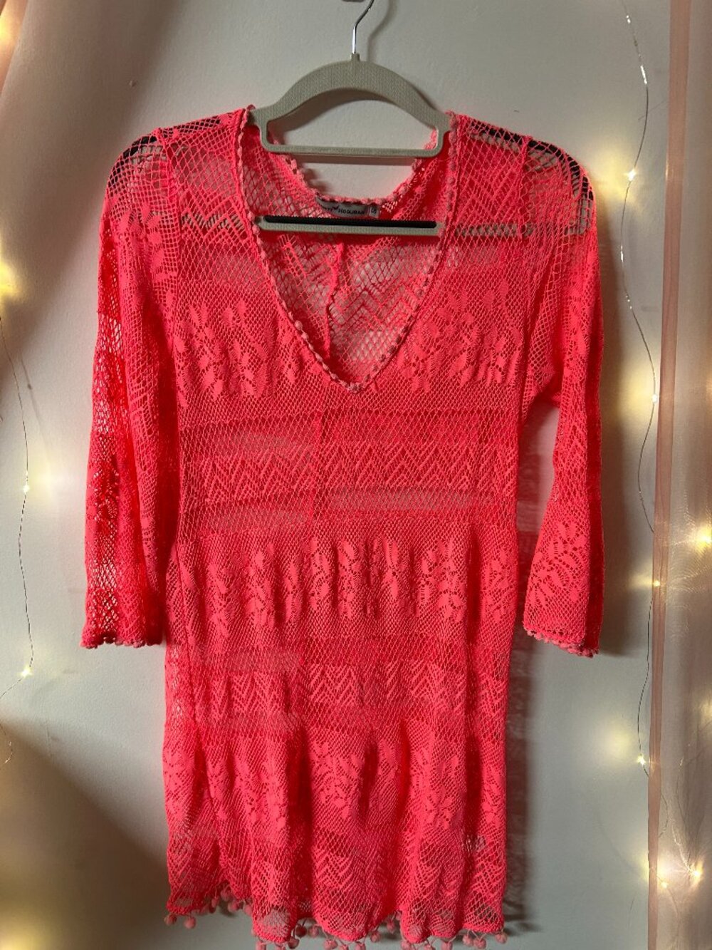 Dainty Hooligan Neon Pink Lace Crochet Swim Cover Up Dress Size Small